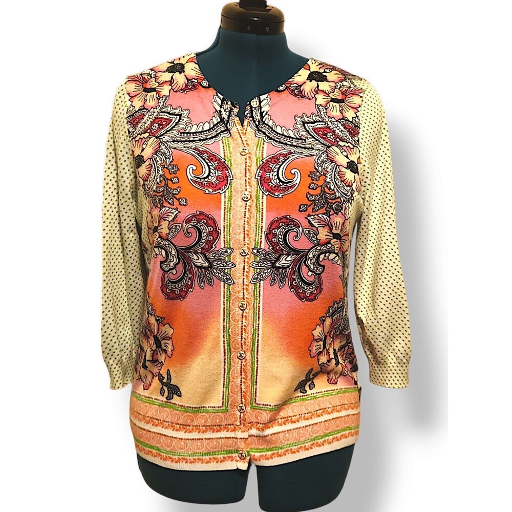 Joseph A Sweater Womens Large Pink Paisley Polka-dot Cardigan Button Up Rayon